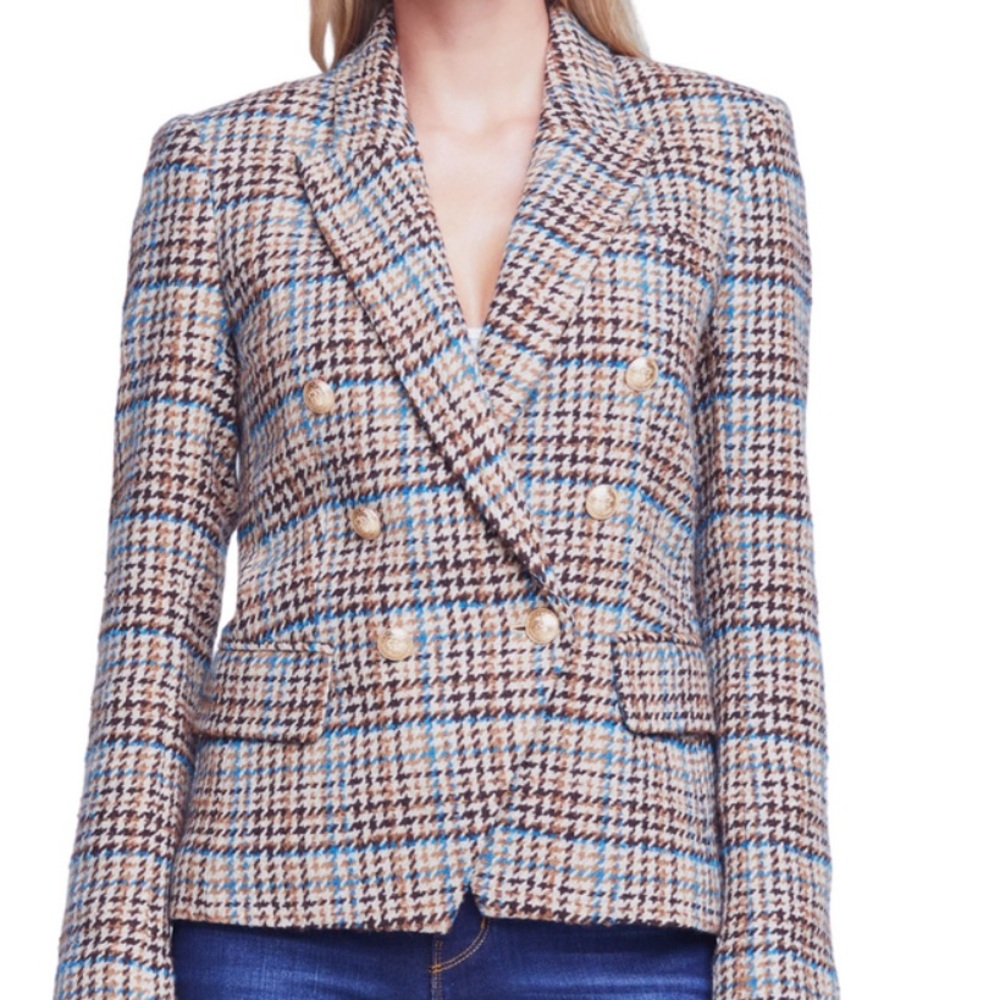 L’Agence Kenzie Tweed Blazer Tan Teal Plaid Star Lining 14